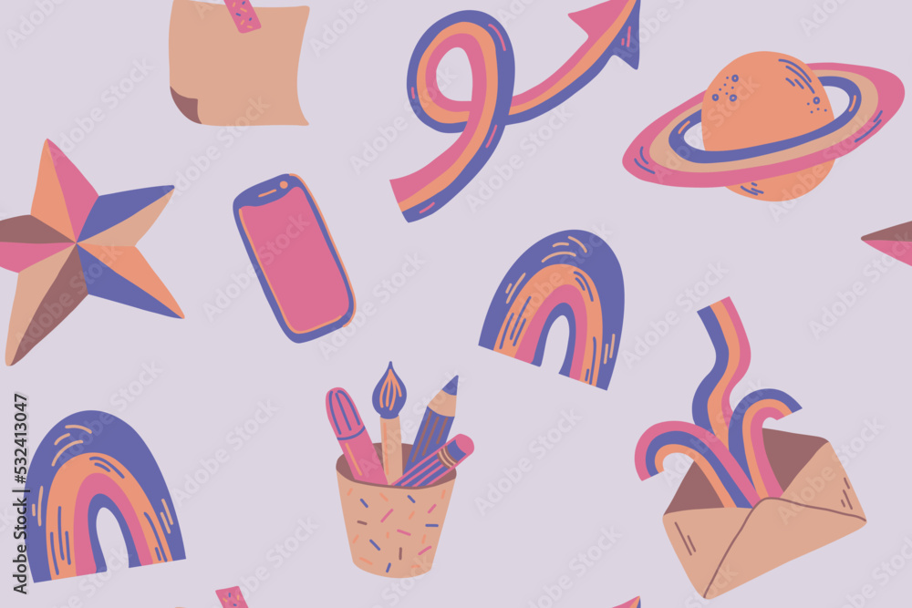 Cute cartoon seamless pattern. Background with stationery in flat style. Hand drawn vector illustration Cute cartoon seamless pattern. Background with stationery in flat style. Hand drawn vector illustration