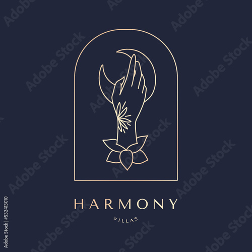 Vector abstract logo with mystical hand. Corporate design templates in trendy linear minimal style, beauty and cosmetics studio emblem - icon for makeup artist, fashion