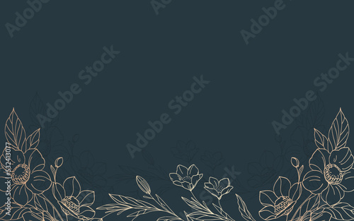 Vector artdeco luxury flower line pattern, golden background. Hand drawn peonies for packaging, social media post, cover, banner, creative post and wall arts.