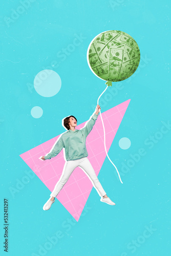 Collage photo of young attractive funny woman hold big money dollars air balloon fly high excited economics isolated on painted blue color background