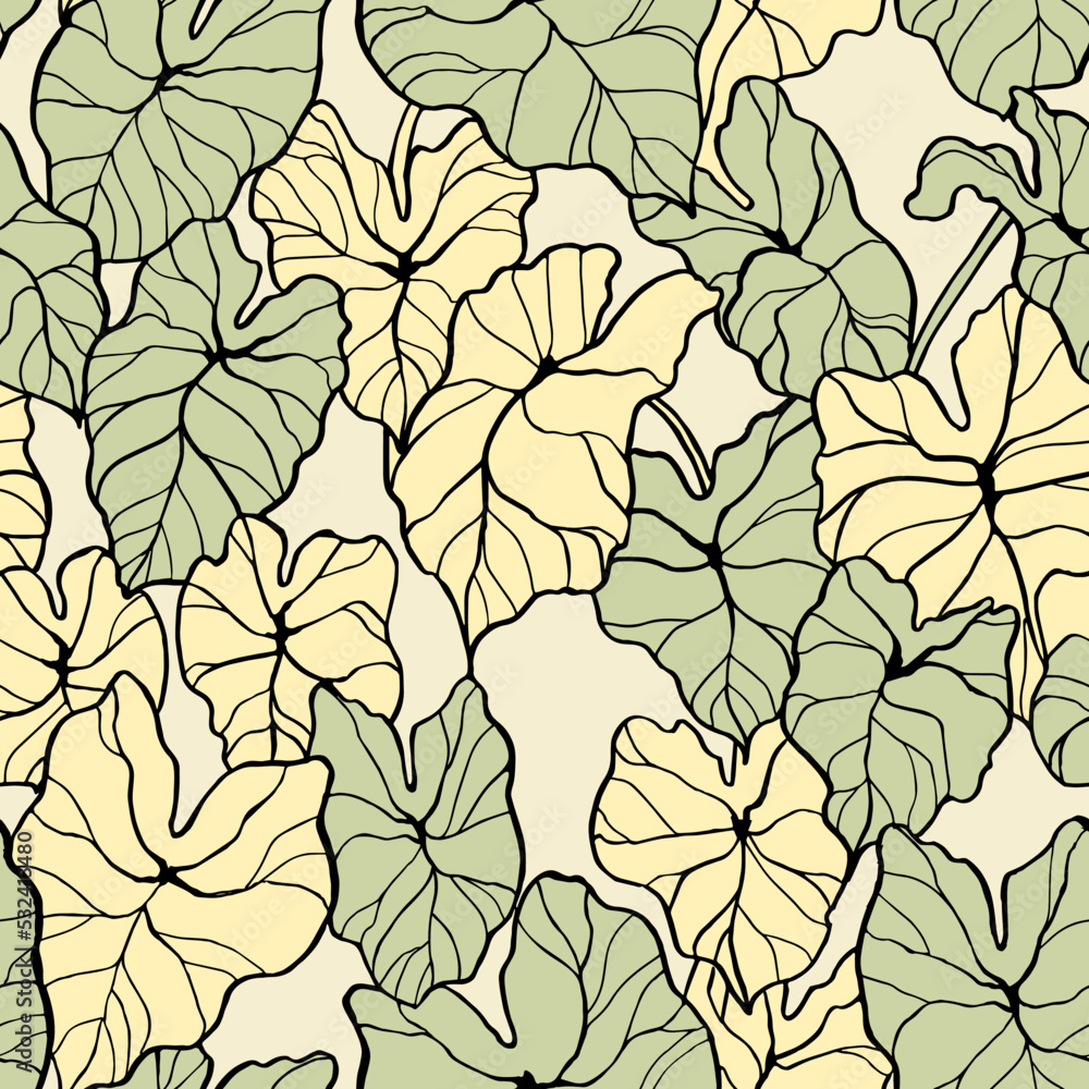Seamless vector pattern. hand drawn illustration with caladium foliage. Pattern from house plants.