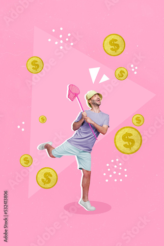Vertical collage of excited positive mini guy hands hold butterfly net catch flying money coins isolated on pink background