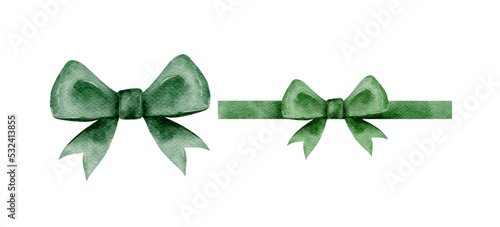 Green gift bow in watercolor style isolated on white background. Hand drawing decorative bow elements vector illustration