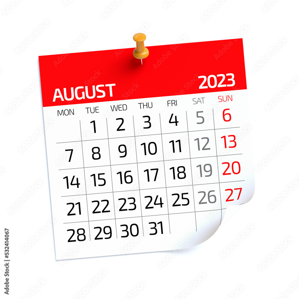 August 2023 - Calendar. Isolated on White Background. 3D Illustration - obrazy, fototapety, plakaty 