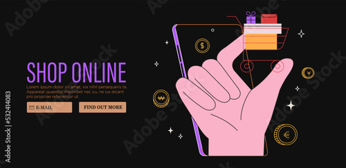 Hands hold shopping cart search presents, gifts online in store or shop through mobile application on smartphone. Concept of sale, discount for web banner, ads or socila media and emails. Black friday