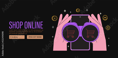 Hands hold binoculars with shooping cart search presents, gifts online in store or shop through mobile application on smartphone. Concept of sale, discount for web or socila media banner. Black friday