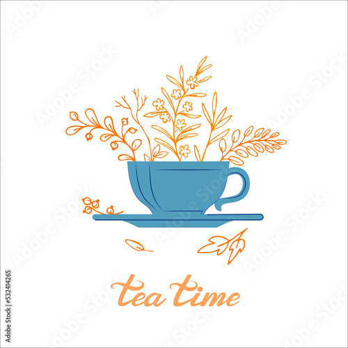 Sketchy teacup with autumn leaves inside and around it, tea party invitation, decorative element with "tea time" lettering