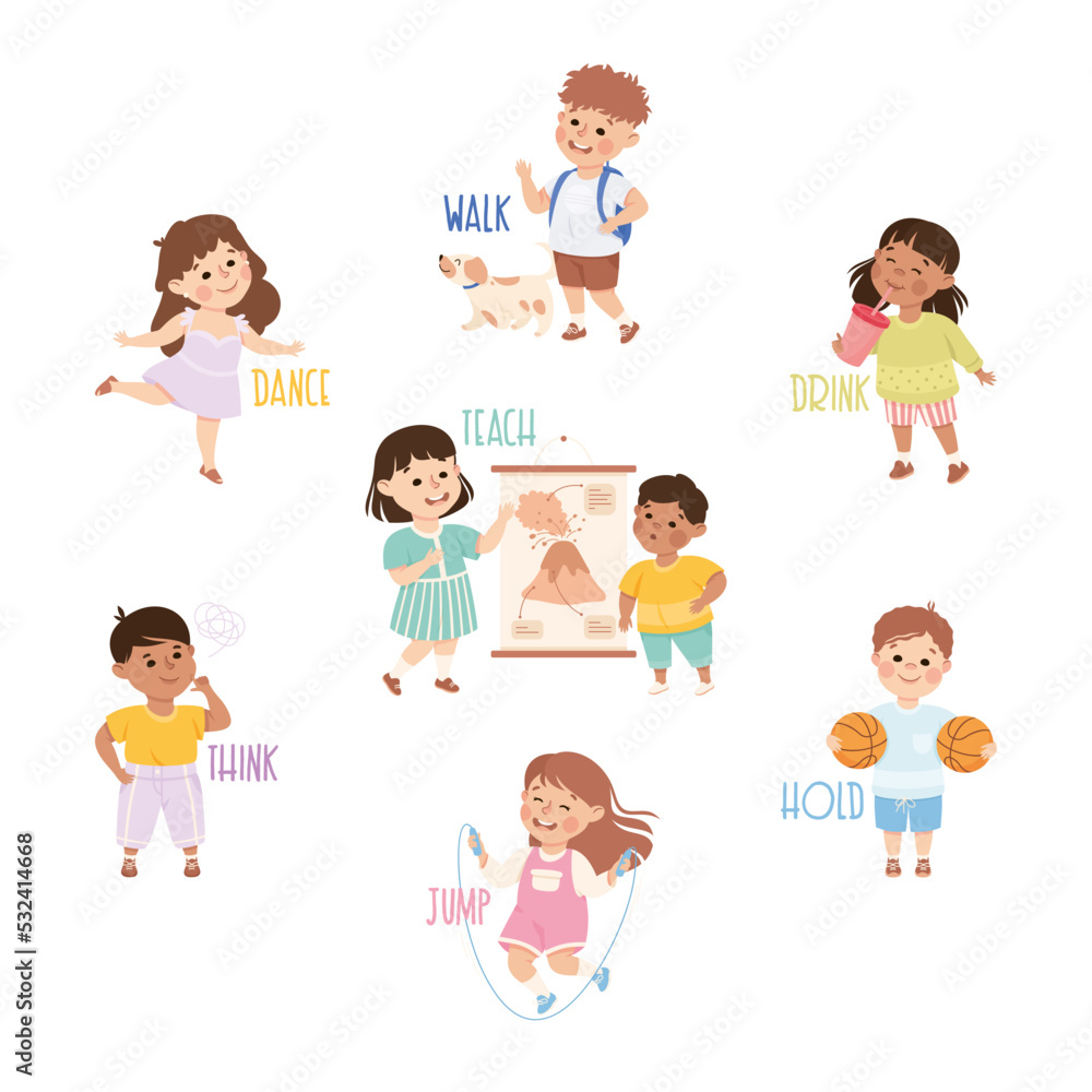 Verbs Study with Little Kids Doing Different Activity Demonstrating Vocabulary Vector Set Verbs Study with Little Kids Doing Different Activity Demonstrating Vocabulary Vector Set
