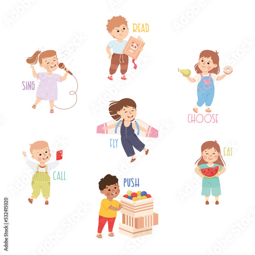 Verbs Study with Little Kids Doing Different Activity Demonstrating Vocabulary Vector Set