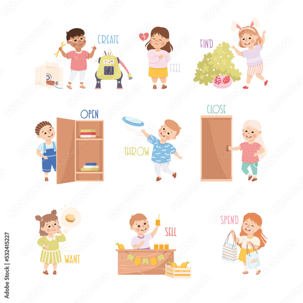 Verbs Study with Little Kids Doing Different Activity Demonstrating Vocabulary Vector Set Verbs Study with Little Kids Doing Different Activity Demonstrating Vocabulary Vector Set