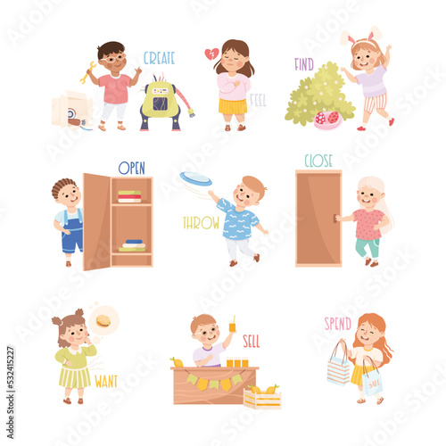 Verbs Study with Little Kids Doing Different Activity Demonstrating Vocabulary Vector Set