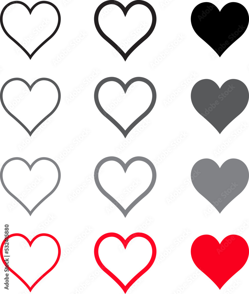 Black heart vector set. Love icons isolated on white background. Collection of flat heart symbol for love symbol, icon shape, greeting card and Valentine's day. Vector illustration, graphic design