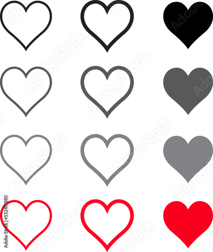 Black heart vector set. Love icons isolated on white background. Collection of flat heart symbol for love symbol, icon shape, greeting card and Valentine's day. Vector illustration, graphic design