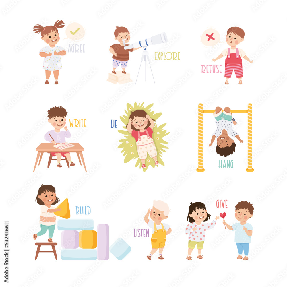 Verbs Study with Little Kids Doing Different Activity Demonstrating Vocabulary Vector Set Verbs Study with Little Kids Doing Different Activity Demonstrating Vocabulary Vector Set