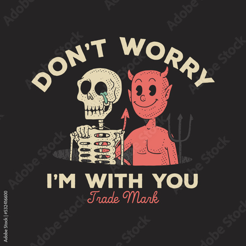 Cartoon emblem of devil hugs the skeleton with retro style