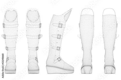 Set with a wireframe of high boots with clasps from black lines isolated on a white background. Front, side, back view. 3D. Vector illustration.