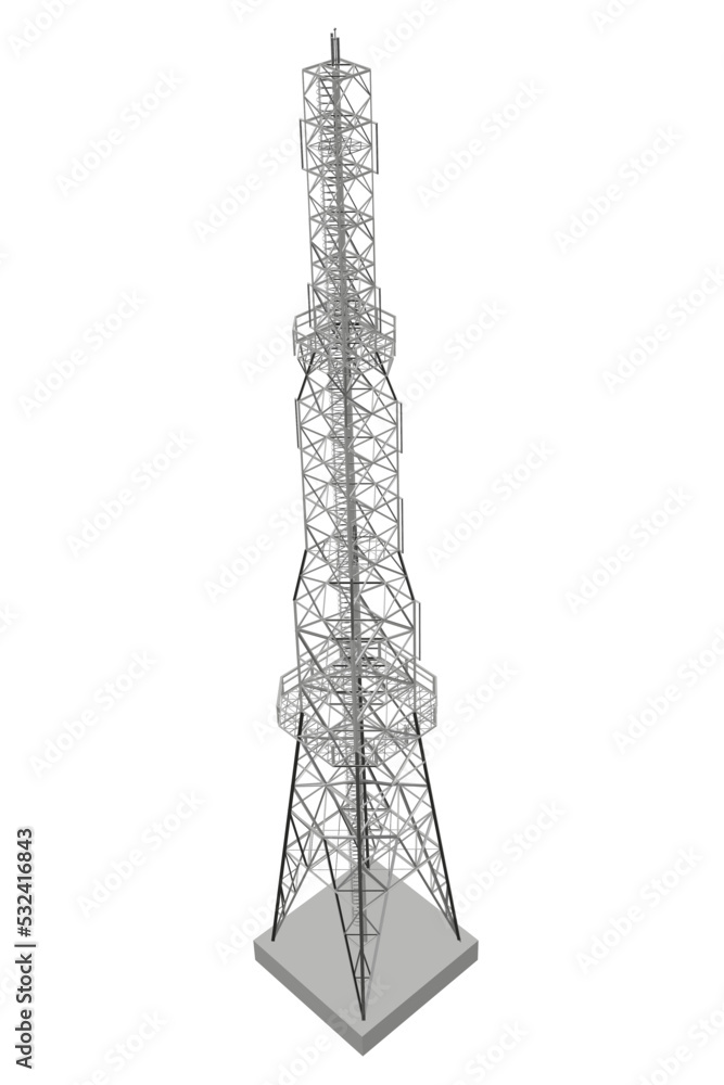 Polygonal model of a high communication tower isolated on a white background. Isometric view. 3D. Vector illustration. Polygonal model of a high communication tower isolated on a white background. Isometric view. 3D. Vector illustration.