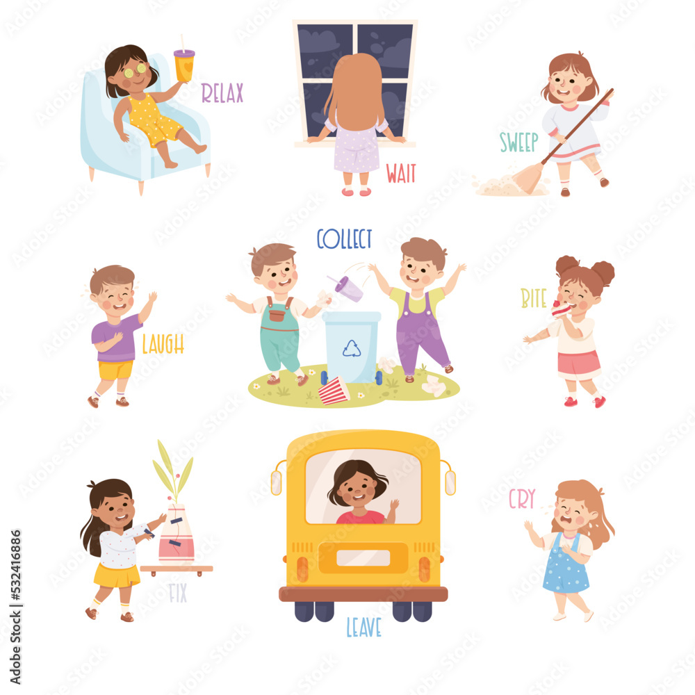 Verbs Study with Little Kids Doing Different Activity Demonstrating Vocabulary Vector Set Verbs Study with Little Kids Doing Different Activity Demonstrating Vocabulary Vector Set