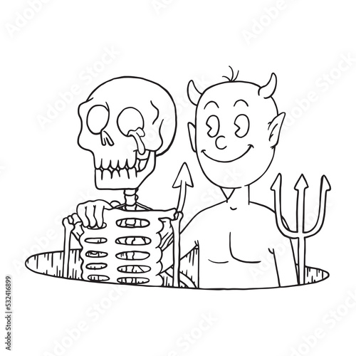 Coloring illustration of cartoon devil hugs skeleton