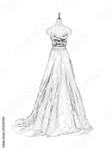 Contour of a wedding dress on a mannequin from black lines isolated on a white background. Front view. 3D. Vector illustration.