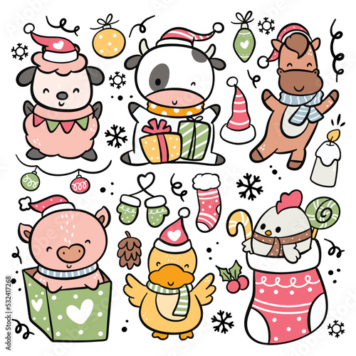 Set of hand drawn cartoon Christmas animal vector illustration