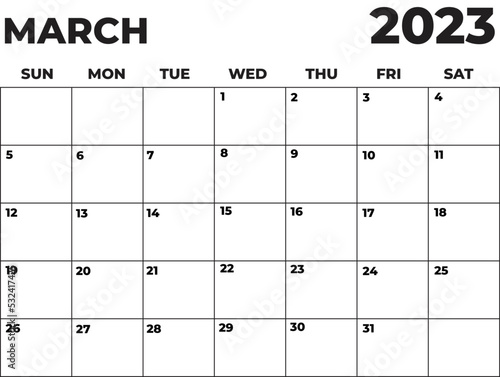 March 2023 Black and White Monday Start Landscaped Monthly Planner