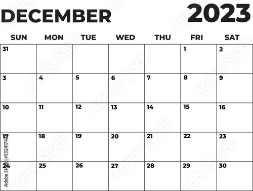 December 2023 Black and White Monday Start Landscaped Monthly Planner