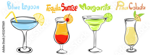 Set of alcoholic cocktails. Hand drawn glasses of blue lagoon, tequila sunrise, margarita and pina colada. Vector illustration. Contour element