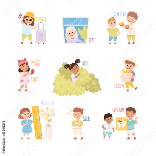 Verbs Study with Little Kids Doing Different Activity Demonstrating Vocabulary Vector Set