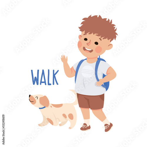 Little Boy Walking the Dog Demonstrating Vocabulary and Verb Studying Vector Illustration