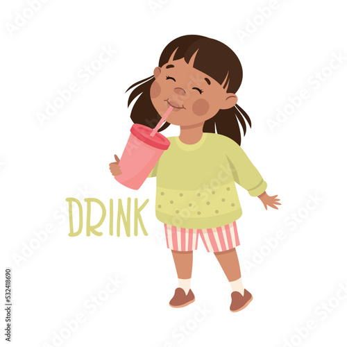 Little Girl Drinking Soda with Straw Demonstrating Vocabulary and Verb Studying Vector Illustration