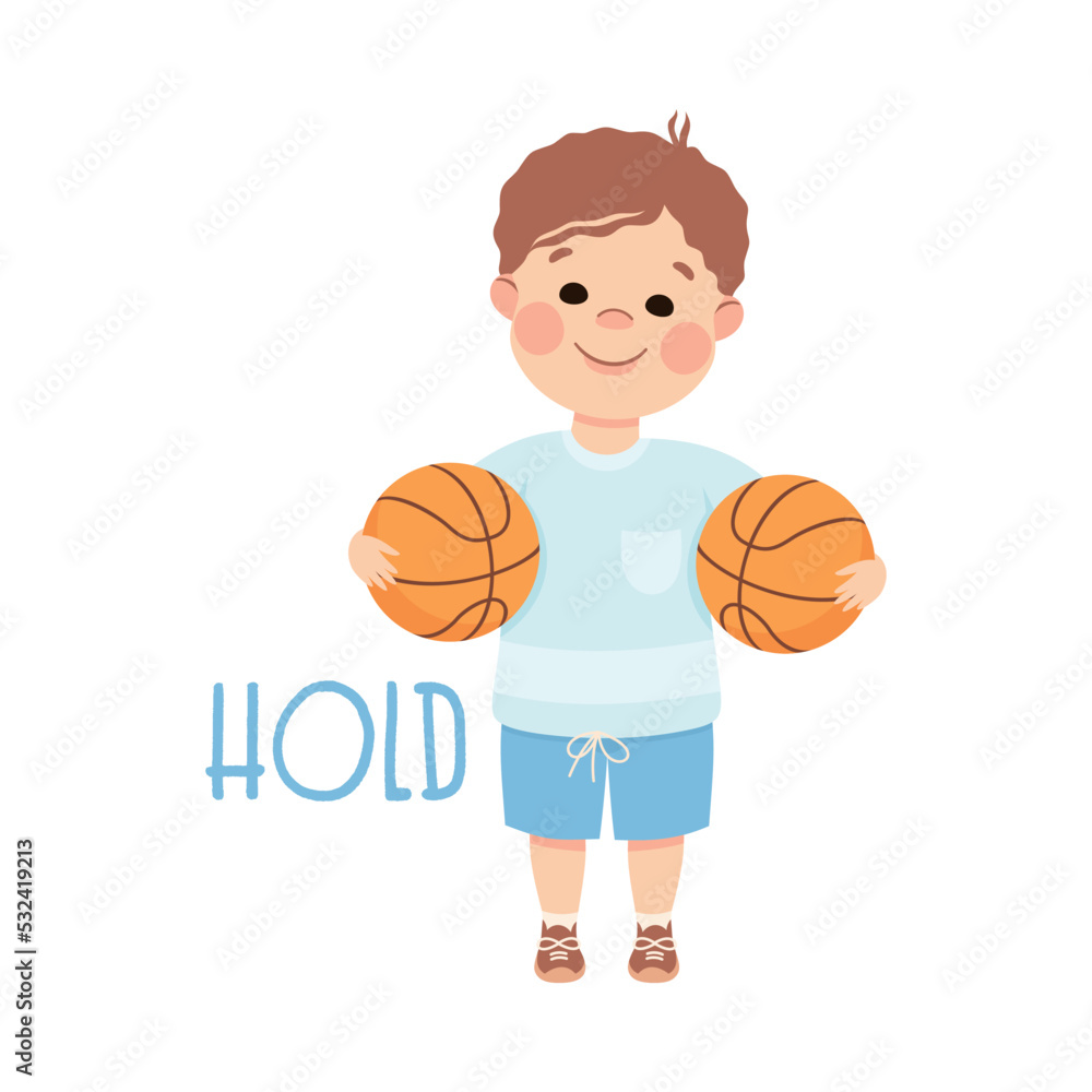 Little Boy Holding Balls Demonstrating Vocabulary and Verb Studying Vector Illustration