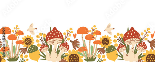 Fall mushroom pattern. Forest mushroom seamless pattern. Autumn mushroom, fly agaric, leaves, flowers berry bird. Fall forest background. Floral mushroom repeated card. Hand drawn vector illustration