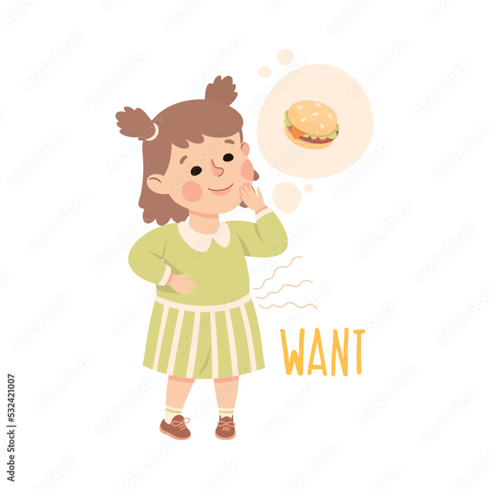 Little Hungry Girl Wanting Eat Hamburger Demonstrating Vocabulary and Verb Studying Vector Illustration Little Hungry Girl Wanting Eat Hamburger Demonstrating Vocabulary and Verb Studying Vector Illustration