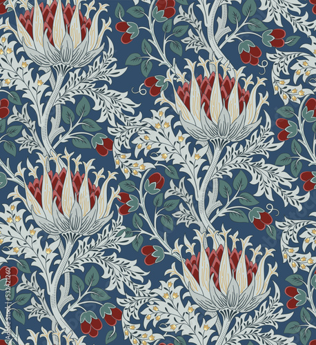 Floral seamless pattern with big red flowers and foliage on dark blue backgro...