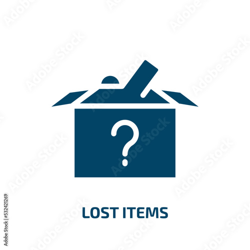 lost items icon from signs collection. Filled lost items, goods, delivered glyph icons isolated on white background. Black vector lost items sign, symbol for web design and mobile apps photo