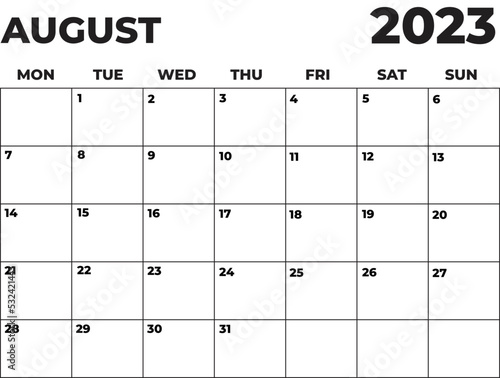 August 2023 Black and White Monday Start Landscaped Monthly Planner
