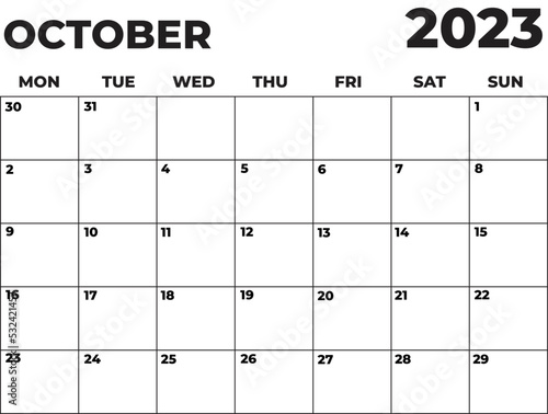 October 2023 Black and White Monday Start Landscaped Monthly Planner

