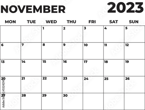 November 2023 Black and White Monday Start Landscaped Monthly Planner
