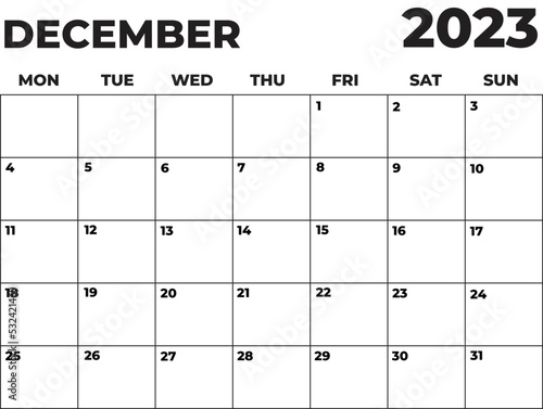 December 2023 Black and White Monday Start Landscaped Monthly Planner
