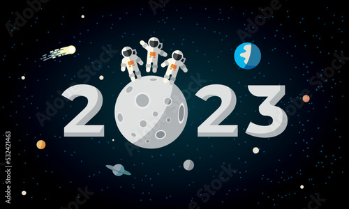 2023 text in space with three astronauts on the Moon surface. New Year background with flat planet Earth, Moon and astronauts in space.