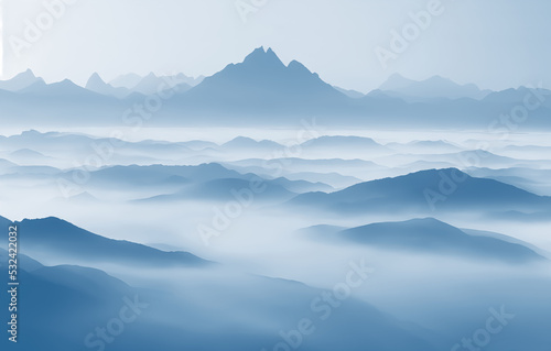 Beautiful mountain landscape. Panorama of silhouettes of mountains in the fog. Pictorial illustration for backgrounds, wallpapers, photo wallpapers, murals, posters.