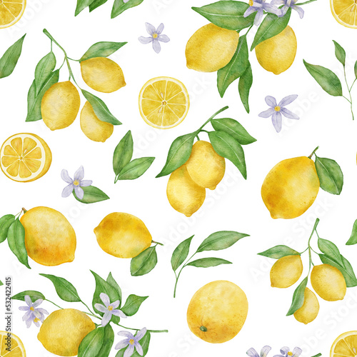 Lemon fruits with leaves and flower watercolor seamless pattern on white background