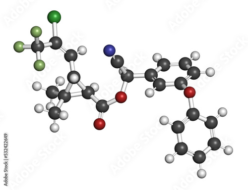 Cyhalothrin insecticide molecule, 3D rendering.