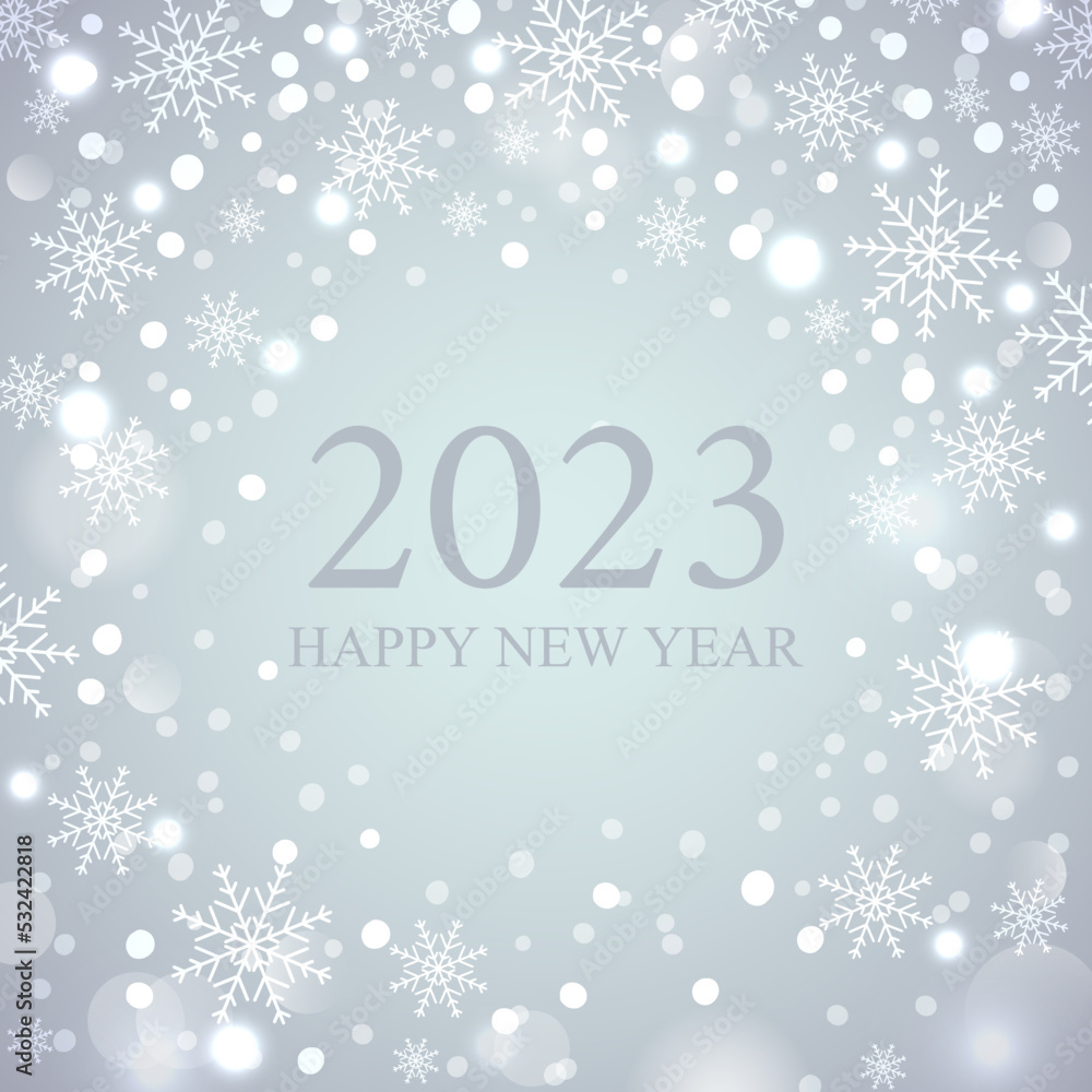 2023 Happy new year post card for your design. Calligraphy inscription in a circle with snowflakes. 