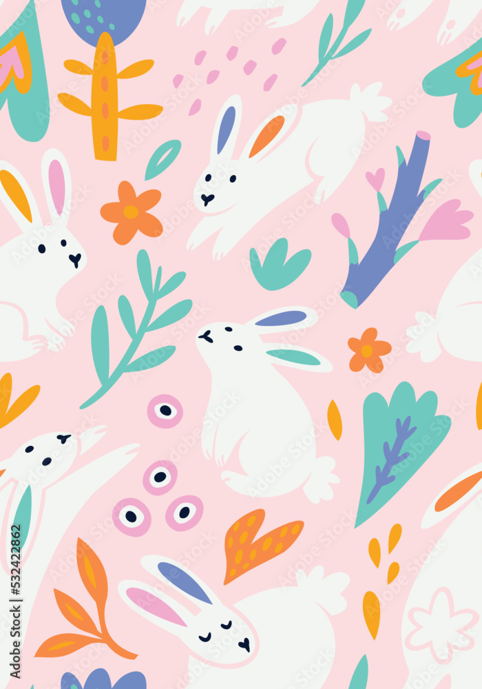 Seamless pattern with white rabbits, flowers and leaves in tender colours. Vector illustration