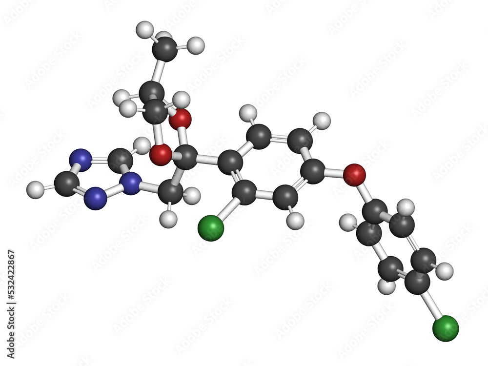 Difenoconazole fungicide molecule, 3D rendering. Difenoconazole fungicide molecule, 3D rendering.