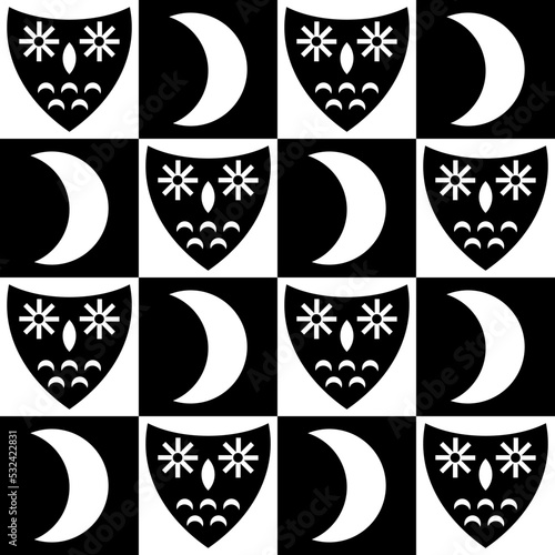 Monochrome night seamless pattern with owls and moon in retro swiss style. Geometric checkered print for tee, paper, textile and fabric. Vintage vector background for decor and design.