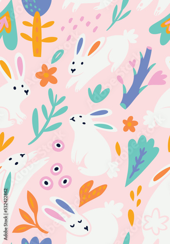 Seamless pattern with white rabbits, flowers and leaves in tender colours. Vector illustration