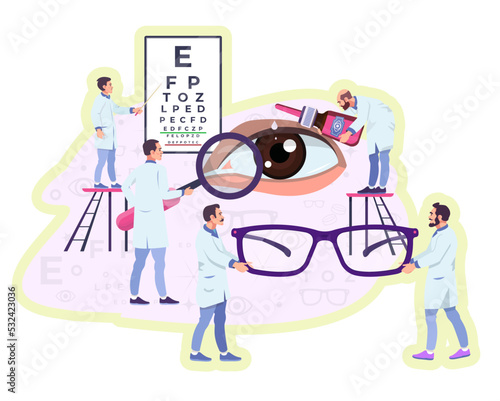 Ophthalmology concept. Eye doctors, oculists. Opticians, ophthalmologists holding eyeglasses. Eyesight examination, checkup. Vision chart. Drops, remedy for disease treatment. Flat vector illustration